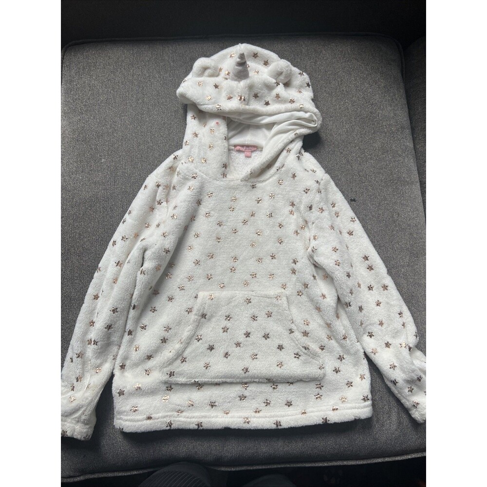 BCBG Girls Fleece Hoodie  6 White‎ Gold Star Print With Ears Pullover